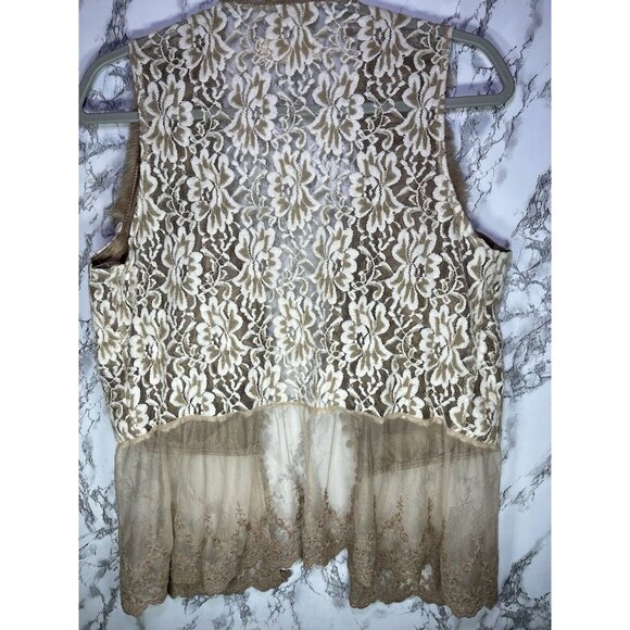 Anthropologie Faux Fur Vest SZ Large Brown Lace Boho Festival Hook Eye V Neck - Picture 6 of 12
